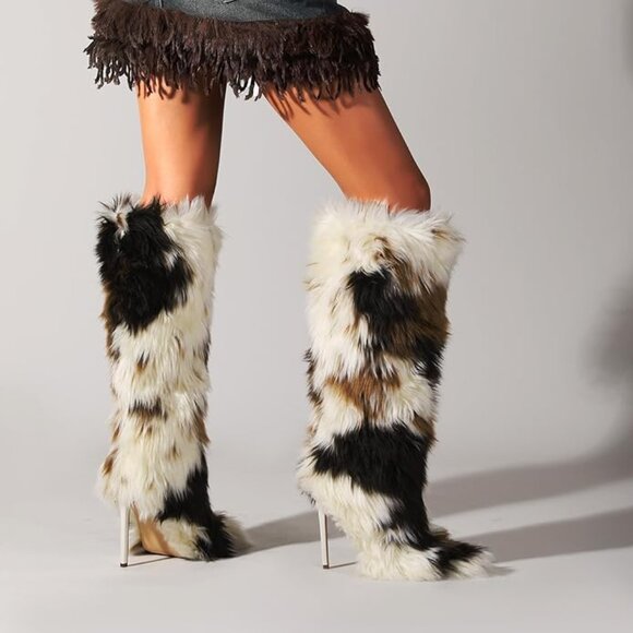 Faux Fur  Knee High Heeled Boots - Picture 7 of 7